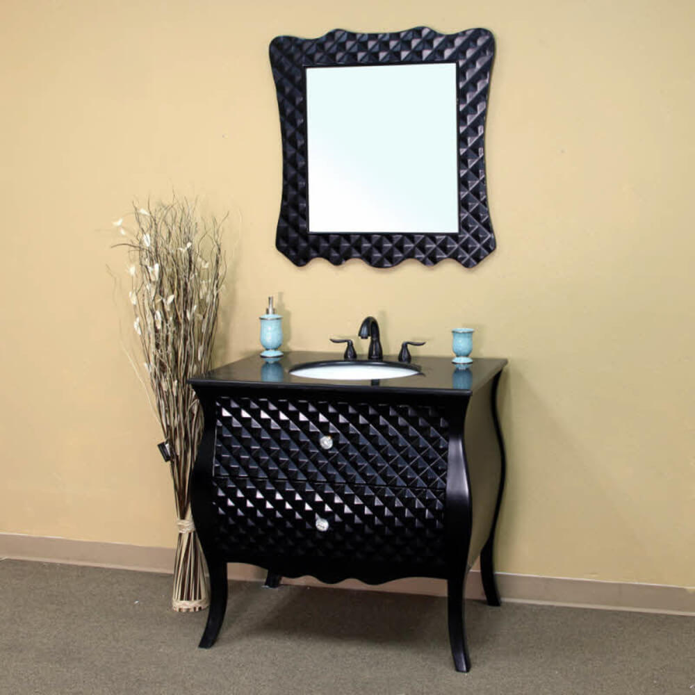 BELLATERRA HOME 203057B 35.4" Single Sink Vanity in Black with Black Granite, White Oval Sink, Angled View with Mirror