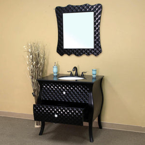 BELLATERRA HOME 203057B 35.4" Single Sink Vanity in Black with Black Granite, White Oval Sink, Open Drawer with Mirror