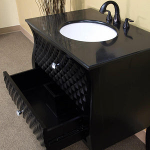 BELLATERRA HOME 203057B 35.4" Single Sink Vanity in Black with Black Granite, White Oval Sink, Open Drawer Closeup