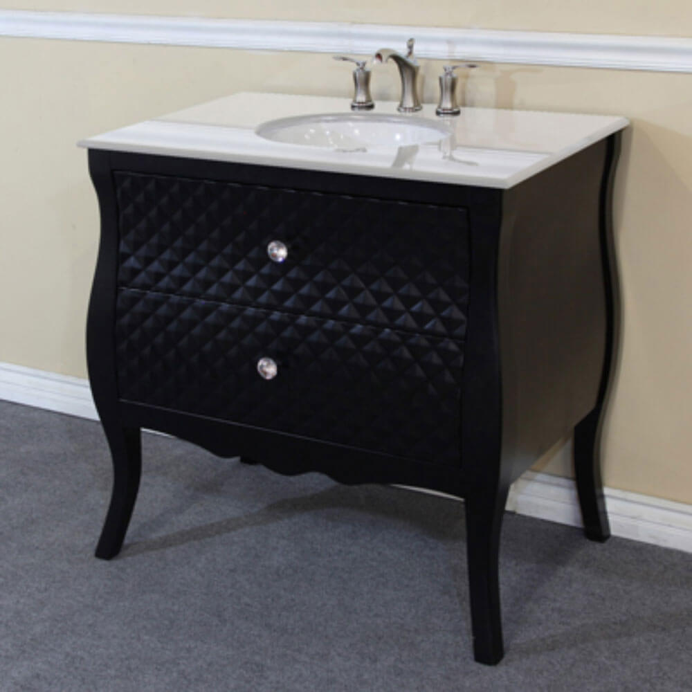 BELLATERRA HOME 203057B-WH 35.4" Single Sink Vanity in Black with White Phoenix Stone, White Oval Sink, Angled View