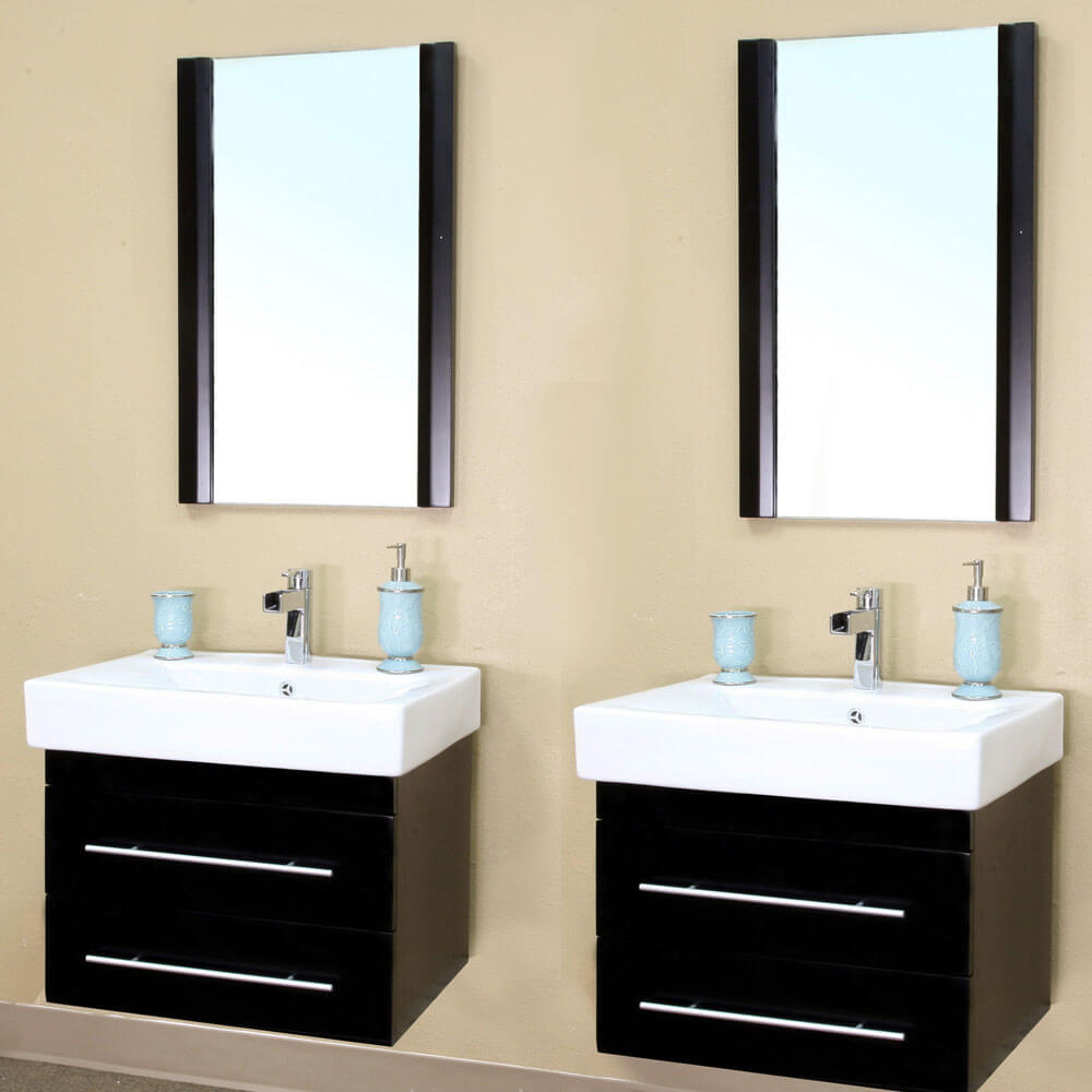 BELLATERRA HOME 203102-D 48.5" Double Wall Mount Vanities in Black with White Ceramic Countertops and Integrated Sinks, Angled View with Mirrors