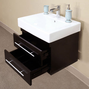 BELLATERRA HOME 203102-S 24.25" Single Wall Mount Vanity in Black with White Ceramic Countertop and Integrated Sink, Open Drawers
