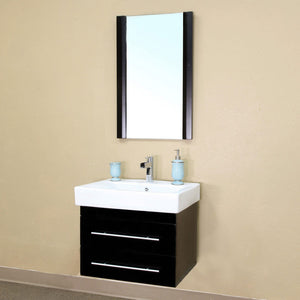 BELLATERRA HOME 203102-S 24.25" Single Wall Mount Vanity in Black with White Ceramic Countertop and Integrated Sink, Angled View with Mirror