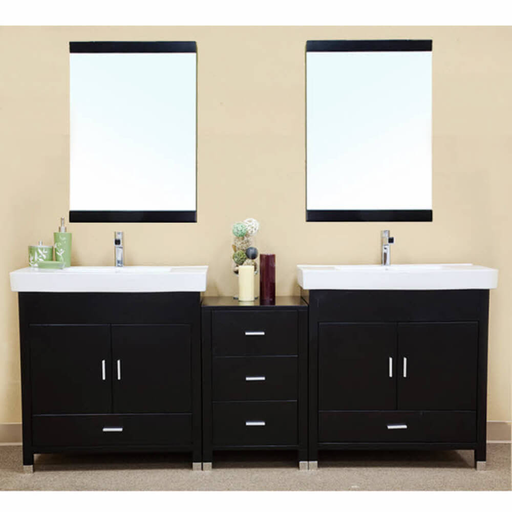 BELLATERRA HOME 203107-D 80.7" Double Sink Vanity in Black with White Ceramic Countertops and Integrated Sinks, Front View with Mirrors