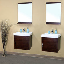 Load image into Gallery viewer, BELLATERRA HOME 203136-D 48.8&quot; Double Wall Mount Vanities in Walnut with White Ceramic Countertops and Integrated Sinks, Angled View with Mirrors