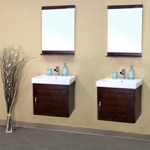 BELLATERRA HOME 203136-D 48.8" Double Wall Mount Vanities in Walnut with White Ceramic Countertops and Integrated Sinks, Angled View with Mirrors