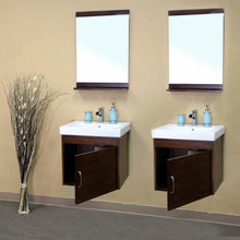 Load image into Gallery viewer, BELLATERRA HOME 203136-D 48.8&quot; Double Wall Mount Vanities in Walnut with White Ceramic Countertops and Integrated Sinks, Open Doors