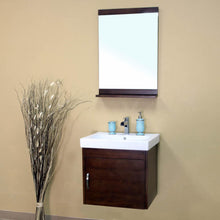 Load image into Gallery viewer, BELLATERRA HOME 203136-S 24.4&quot; Single Wall Mount Vanities in Walnut with White Ceramic Countertop and Integrated Sink, Angled View with Mirror