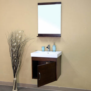 BELLATERRA HOME 203136-S 24.4" Single Wall Mount Vanities in Walnut with White Ceramic Countertop and Integrated Sink, Open Door with Mirror