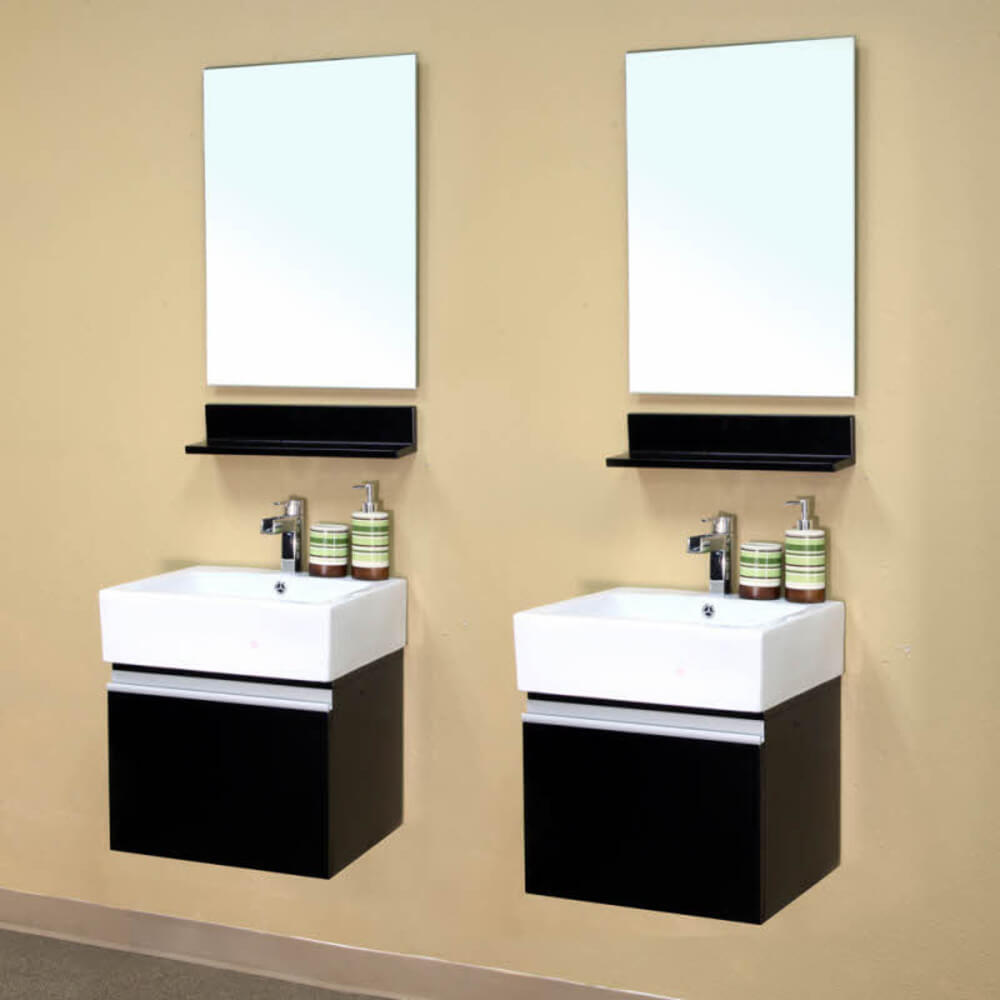 BELLATERRA HOME 203145-D 41" Double Wall Mount Vanities in Dark Espresso with White Ceramic Countertops and Integrated Sinks, Angled View with Mirrors