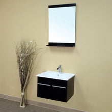 Load image into Gallery viewer, BELLATERRA HOME 203172-S 24.4&quot; Single Wall Mount Vanity in Black with White Ceramic Countertop and Integrated Sink, Angled View with Mirror