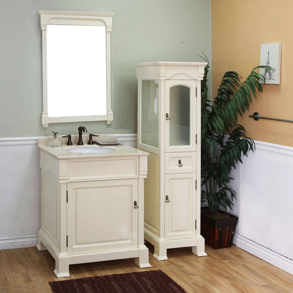 BELLATERRA HOME 205030-CR 30" Single Sink Vanity in Cream White (Rub Edge) with Cream Marble, White Oval Sink, Angled View with Mirror and Linen Cabinet