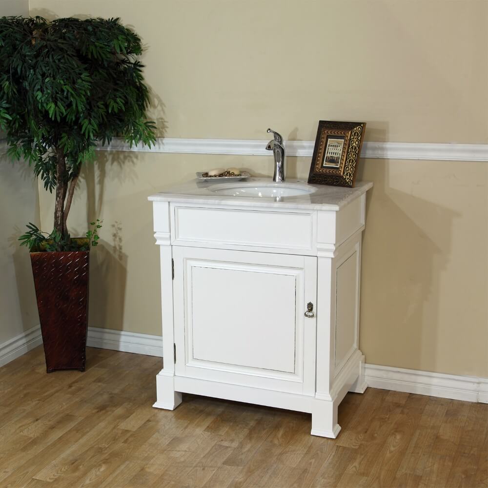 BELLATERRA HOME 205030-WH 30" Single Sink Vanity in White (Rub Edge) with White Marble, White Oval Sink, Angled View