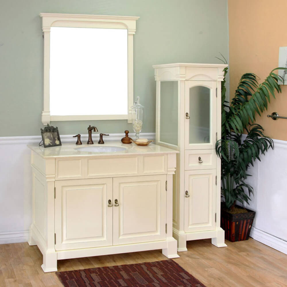 BELLATERRA HOME 205042-CR 42" Single Sink Vanity in Cream White (Rub Edge) with Cream Marble, White Oval Sink, Bathroom View with Mirror and Linen Cabinet