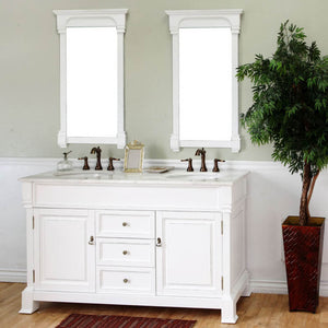 BELLATERRA HOME 205060-D-WH 60" Double Sink Vanity in White (Rub Edge) with White Marble, White Oval Sinks, Angled View with Mirrors