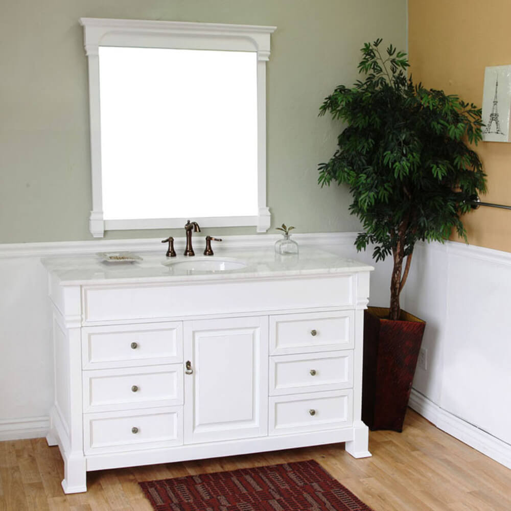 BELLATERRA HOME 205060-S-WH 60" Single Sink Vanity in White (Rub Edge) with White Marble, White Oval Sink, Angled View with Mirror
