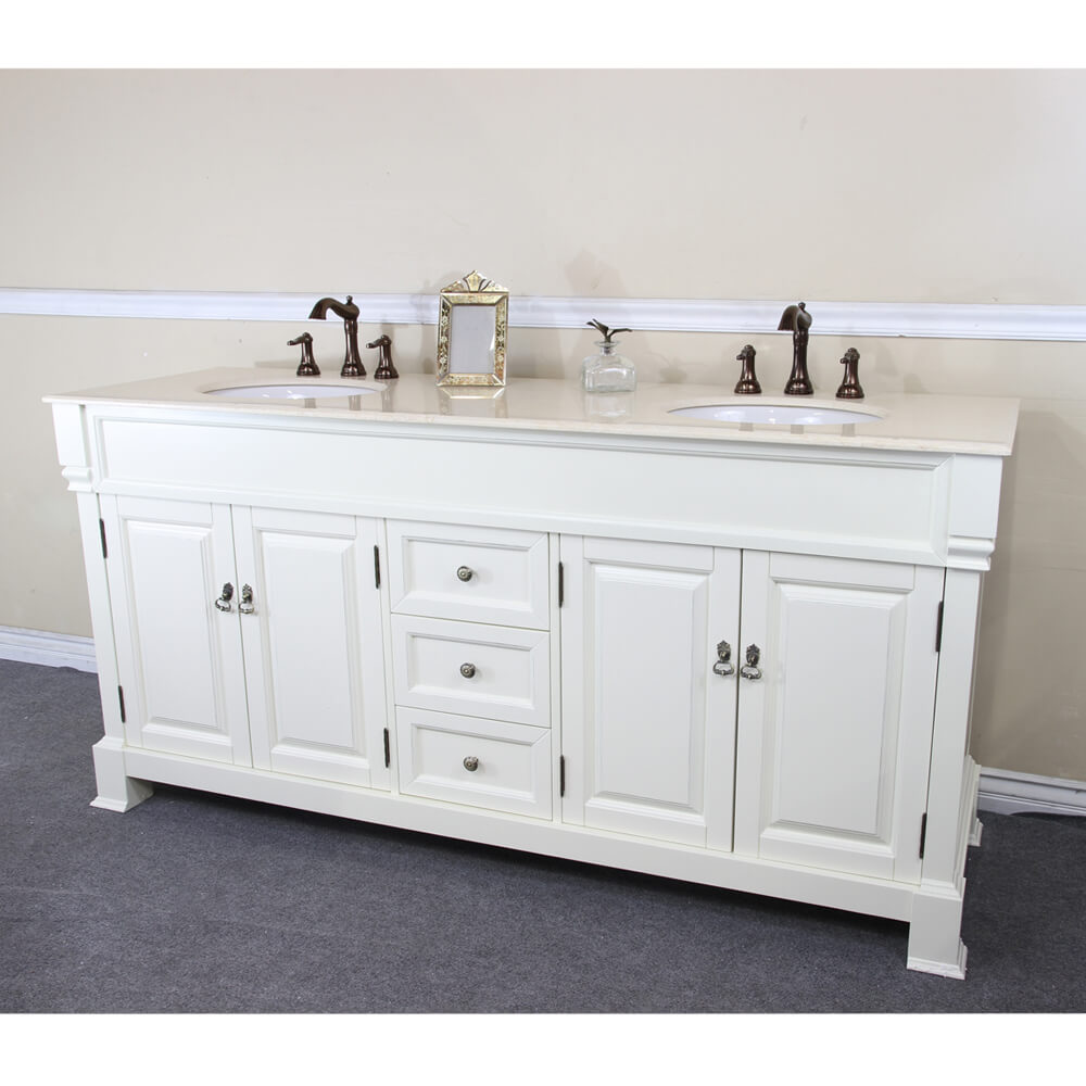 BELLATERRA HOME 205072-D-CR 72" Double Sink Vanity in Cream White (Rub Edge) with Cream Marble, White Oval Sinks, Angled View