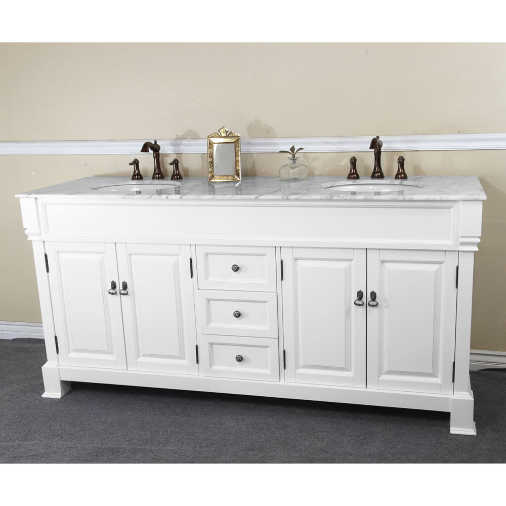 BELLATERRA HOME 205072-D-WH 72" Double Sink Vanity in White (Rub Edge) with White Marble, White Oval Sinks, Angled View
