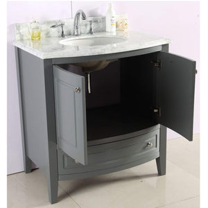 LAVIVA Estella 3130709-32G-WC 32" Single Bathroom Vanity in Grey with White Carrara Marble, White Oval Sink, Rendered Open Doros