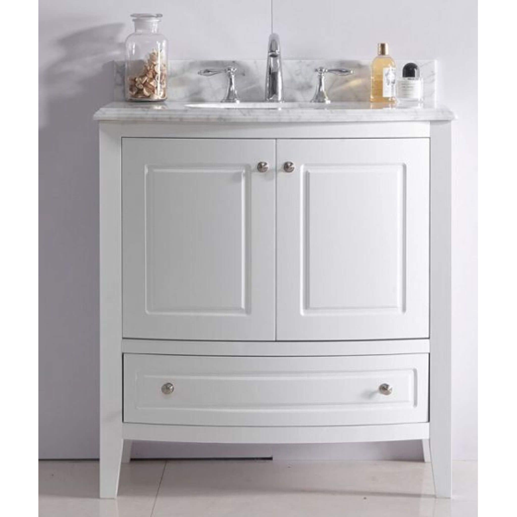 LAVIVA Estella 3130709-32W-WC 32" Single Bathroom Vanity in White with White Carrara Marble, White Oval Sink, Front View