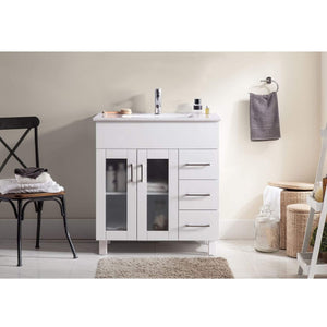 LAVIVA Nova 31321529-32W-CB 32" Single Bathroom Vanity in White with Ceramic Top and Integrated Sink, Rendered Bathroom View