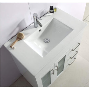LAVIVA Nova 31321529-32W-CB 32" Single Bathroom Vanity in White with Ceramic Top and Integrated Sink, Countertop Closeup