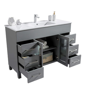 LAVIVA Nova 31321529-48G-CB 48" Single Bathroom Vanity in Grey with Ceramic Top and Integrated Sink, Open Doors and Drawers