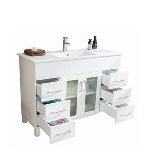 LAVIVA Nova 31321529-48W-CB 48" Single Bathroom Vanity in White with Ceramic Top and Integrated Sink, Open Drawers