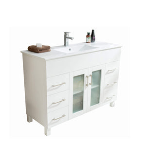 LAVIVA Nova 31321529-48W-CB 48" Single Bathroom Vanity in White with Ceramic Top and Integrated Sink, Angled View