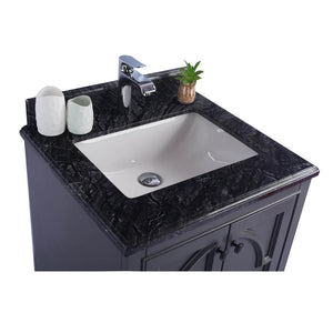 LAVIVA Odyssey 313613-24G-BW 24" Single Bathroom Vanity in Maple Grey with Black Wood Marble, White Rectangle Sink, Countertop Closeup