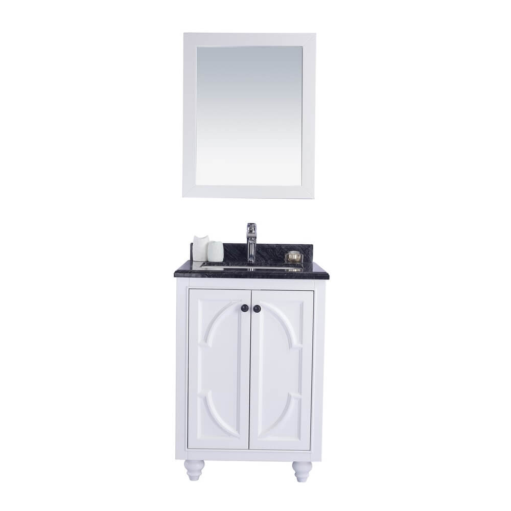 LAVIVA Odyssey 313613-24W-BW 24" Single Bathroom Vanity in White with Black Wood Marble, White Rectangle Sink, Front View