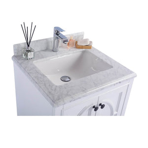 LAVIVA Odyssey 313613-24W-WC 24" Single Bathroom Vanity in White with White Carrara Marble, White Rectangle Sink, Countertop Closeup