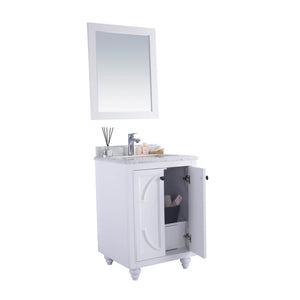 LAVIVA Odyssey 313613-24W-WC 24" Single Bathroom Vanity in White with White Carrara Marble, White Rectangle Sink, Angled View with Open Door