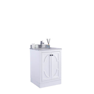 LAVIVA Odyssey 313613-24W-WS 24" Single Bathroom Vanity in White with White Stripes Marble, White Rectangle Sink, Angled View with Toe Kick Closeup