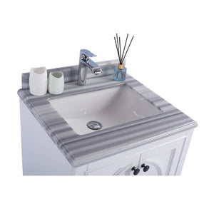 LAVIVA Odyssey 313613-24W-WS 24" Single Bathroom Vanity in White with White Stripes Marble, White Rectangle Sink, Countertop Closeup