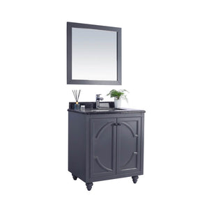 LAVIVA Odyssey 313613-30G-BW 30" Single Bathroom Vanity in Maple Grey with Black Wood Marble, White Rectangle Sink, Angled View
