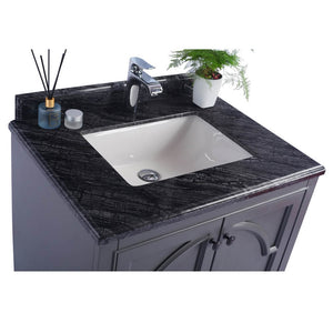 LAVIVA Odyssey 313613-30G-BW 30" Single Bathroom Vanity in Maple Grey with Black Wood Marble, White Rectangle Sink, Countertop Closeup