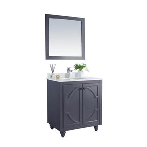 LAVIVA Odyssey 313613-30G-PW 30" Single Bathroom Vanity in Maple Grey with Pure White Phoenix Stone, White Oval Sink, Angled View