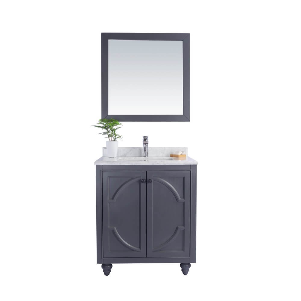 LAVIVA Odyssey 313613-30G-WC 30" Single Bathroom Vanity in Maple Grey with White Carrara Marble, White Rectangle Sink, Front View