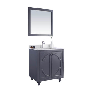 LAVIVA Odyssey 313613-30G-WQ 30" Single Bathroom Vanity in Maple Grey with White Quartz, White Rectangle Sink, Angled View
