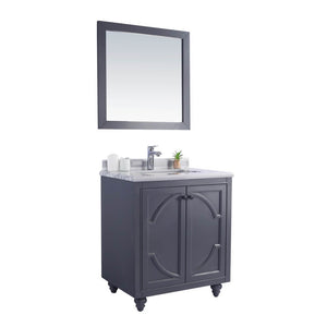 LAVIVA Odyssey 313613-30G-WS 30" Single Bathroom Vanity in Maple Grey with White Stripes Marble, White Rectangle Sink, Angled View