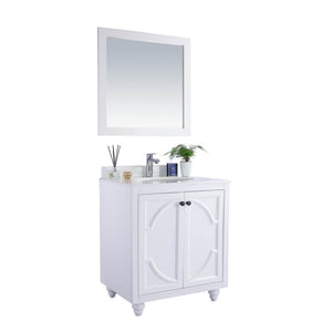 LAVIVA Odyssey 313613-30W-PW 30" Single Bathroom Vanity in White with Pure White Phoenix Stone, White Oval Sink, Angled View