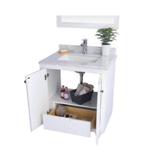 Load image into Gallery viewer, LAVIVA Odyssey 313613-30W-WC 30&quot; Single Bathroom Vanity in White with White Carrara Marble, White Rectangle Sink, Open Doors and Drawer Closeup