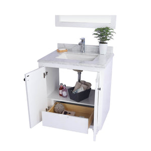 LAVIVA Odyssey 313613-30W-WC 30" Single Bathroom Vanity in White with White Carrara Marble, White Rectangle Sink, Open Doors and Drawer Closeup