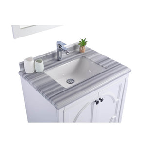 LAVIVA Odyssey 313613-30W-WS 30" Single Bathroom Vanity in White with White Stripes Marble, White Rectangle Sink, Countertop Closeup