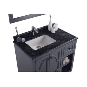 LAVIVA Odyssey 313613-36G-BW 36" Single Bathroom Vanity in Maple Grey with Black Wood Marble, White Rectangle Sink, Countertop Closeup