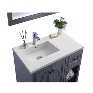 LAVIVA Odyssey 313613-36G-MW 36" Single Bathroom Vanity in Maple Grey with Matte White VIVA Stone Surface, Integrated Sink, Countertop Closeup