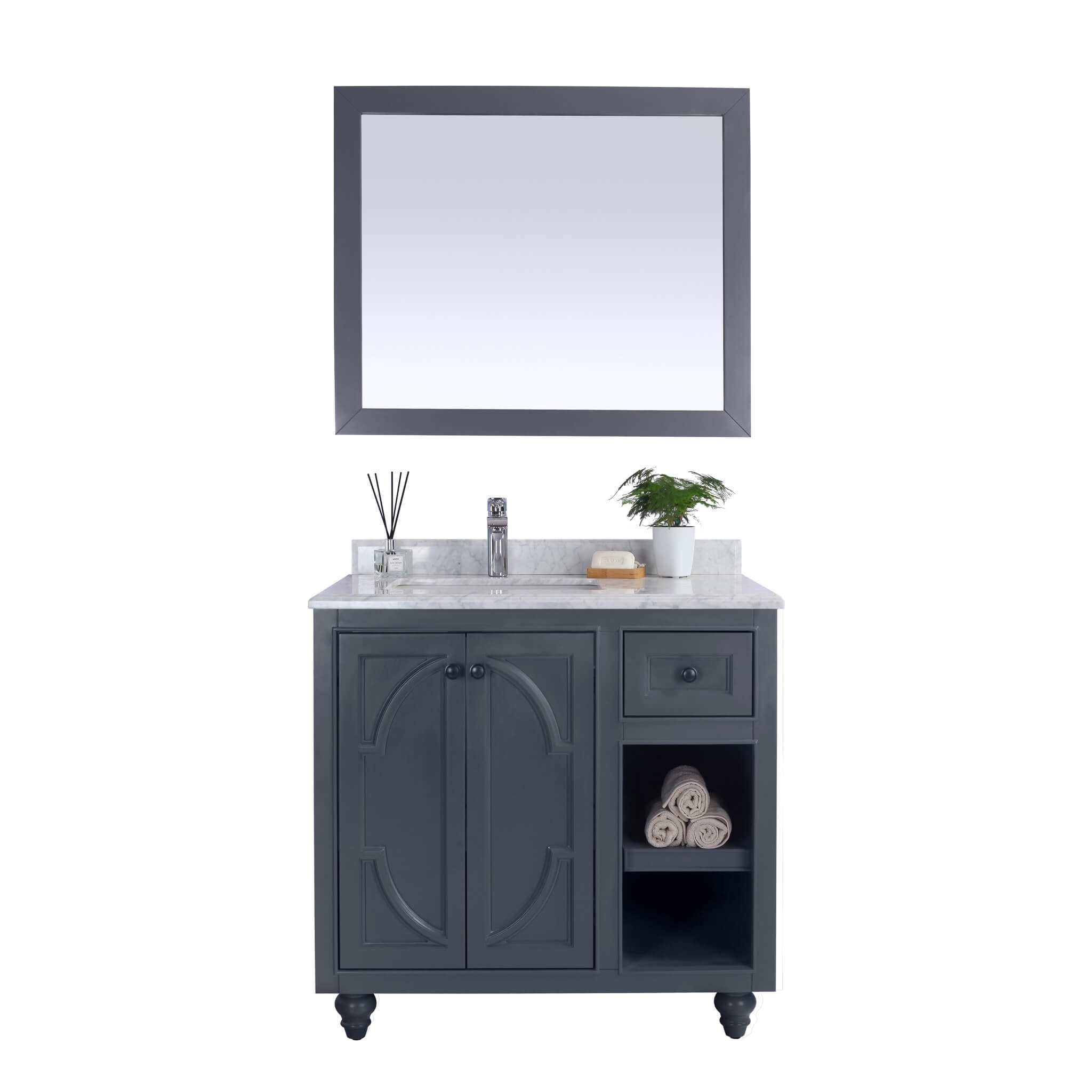 LAVIVA Odyssey 313613-36G-WC 36" Single Bathroom Vanity in Maple Grey with White Carrara Marble, White Rectangle Sink, Front View