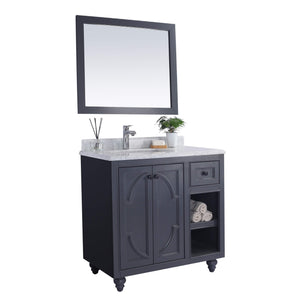 LAVIVA Odyssey 313613-36G-WC 36" Single Bathroom Vanity in Maple Grey with White Carrara Marble, White Rectangle Sink, Angled View