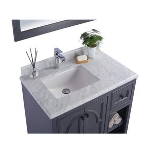 LAVIVA Odyssey 313613-36G-WC 36" Single Bathroom Vanity in Maple Grey with White Carrara Marble, White Rectangle Sink, Countertop Closeup